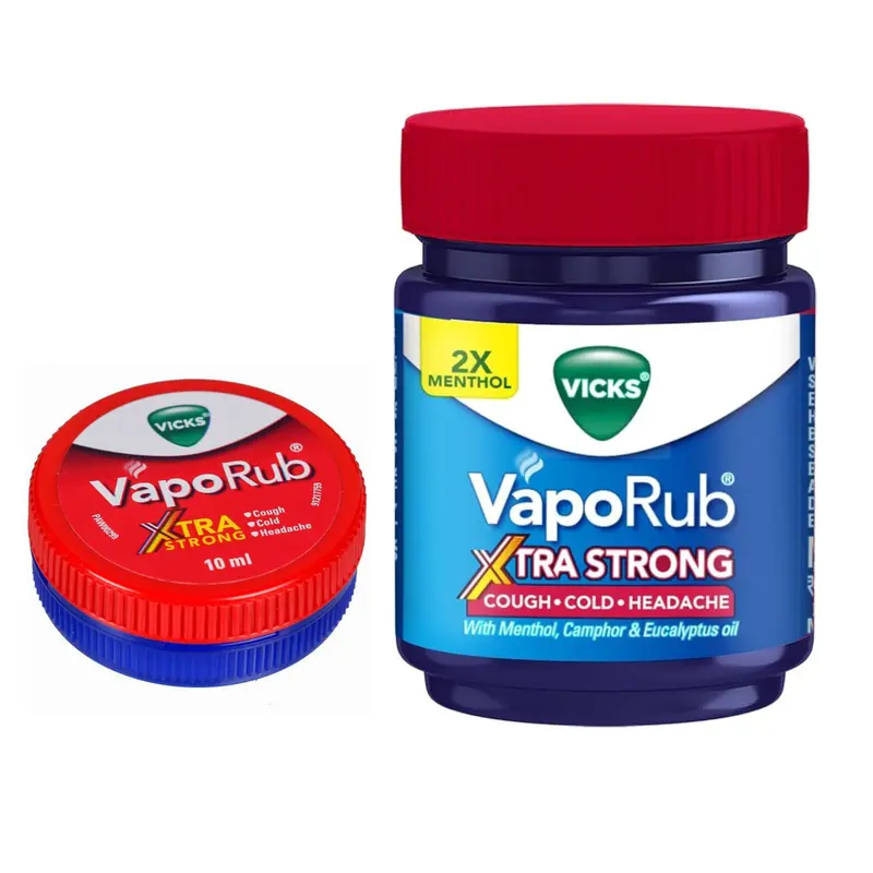 Vicks VapoRub Xtra Strong Balm 1.76oz/50ml Family Pack & 0.34oz/10ml Travel Size Cold & Headache Relief with 2X Menthol Essential Relief for Your Family