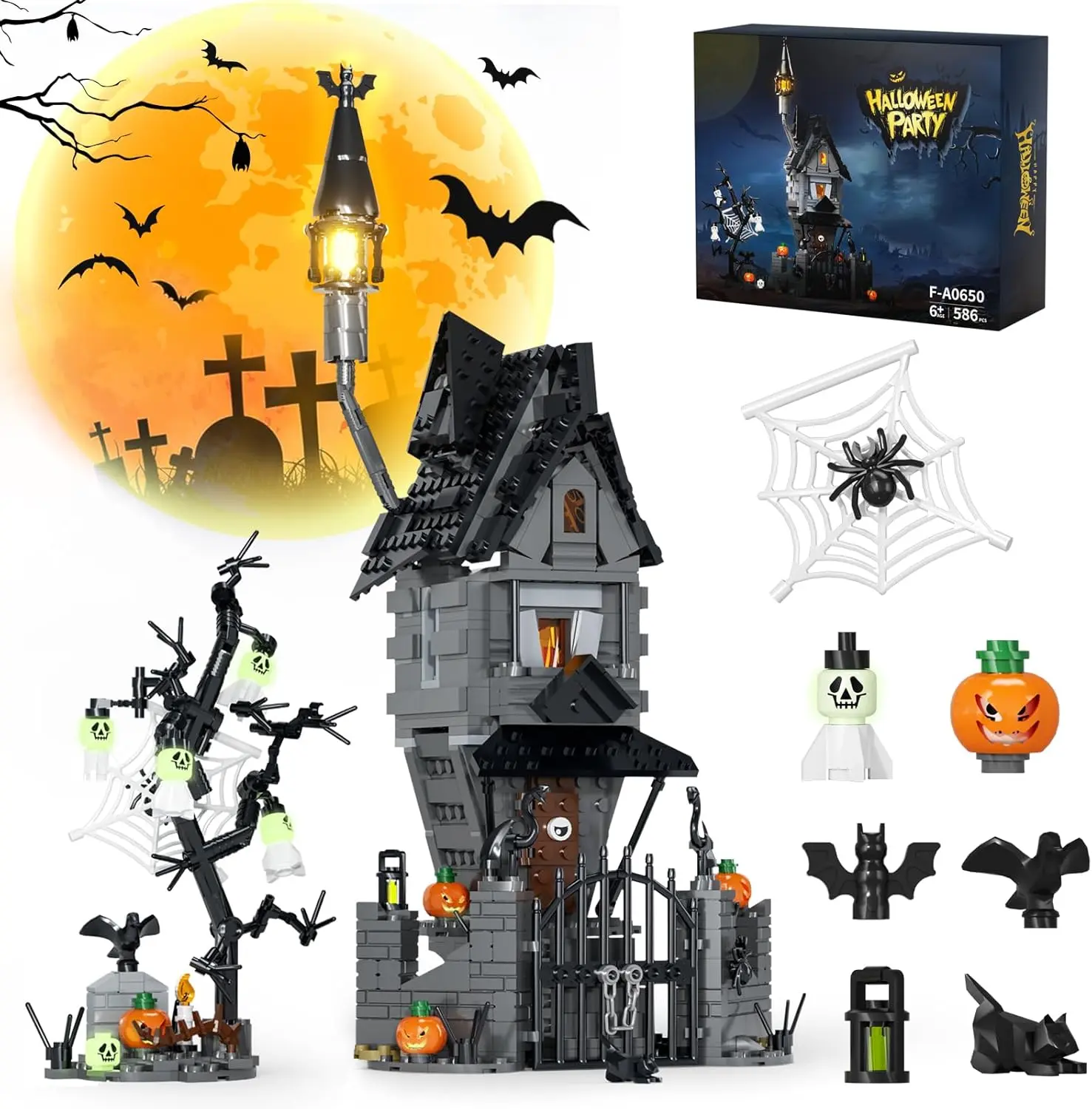 Halloween Haunted Mansion Building Set with Lights, Glow-in-the-Dark Pumpkins, Skeletons & Ghosts, Spooky House Blocks Toy Gift for Adults & Kids