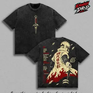 Minato Namikaze Fourth Hokage Vintage Washed Anime t-Shirt, Narutoo Shippuden Graphic Tee Yellow Flash of the Leaf Ninja Shirt Manga Streetwear Top Unisex Apparel Retro Gift For Anime Fan NPG
