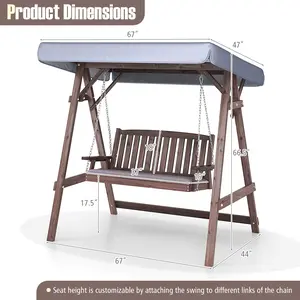 COSTWAY - 2-Person Porch Swing with Fir Wood Stand and Tilt Canopy-Brown