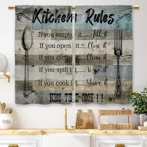2 Panel Blue Farmhouse Kitchen Curtains - Vintage "Kitchen Rules" Short Cafe Window Drapes, Country Wooden Plank Design, Light-Filtering Polyester, Machine Washable, Kitchen Curtains For Windows