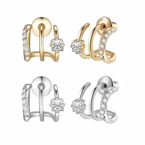 14K Gold Plated Triple Hoop Stud Earrings for Women, Cubic Zirconia 3-Hoop Look Earrings, Single Piercing Layered Ear Cuff Style Studs, Gold Silver Tone Perfect Gift