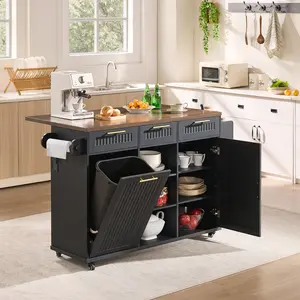 PieDle 57" Multifunctional Rolling Kitchen Island with Trash Can Storage, Power Outlet & Drop Leaf, Open Shelves, Large Islands Cart on Wheels with 3 Drawers, 5-Wheel Mobile Island Table for Kitchen