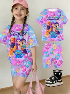 Girls Kpop Korean Summer Fashion Comfortable Short Sleeve Yoga Shorts Set, Cartoon Anime Print, Casual Daily Wear, Holiday Gift