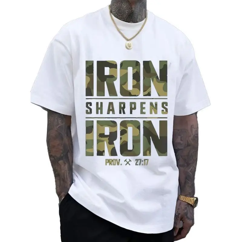 Men's 100% Cotton Unisex Graphic T-Shirt - "Iron Sharpens Iron" Proverbs 27:17 Digital Print, Casual Loose Fit Streetwear, Breathable Round Neck, Vintage Club Top, Dry Clean, 5XL, Pure Cotton
