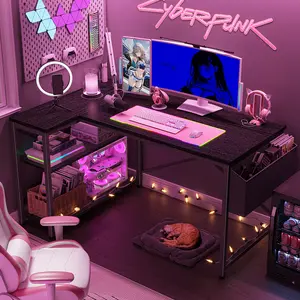 【Spring Glow Up】Raybee 47‘’ Computer Desk with Power Outlets, L-Shaped Gaming Desk with Storage Shelves,Home Office Corner Desk for Work, Study for Bedroom Office Dorm