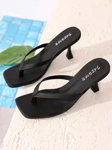 Women's Fashion High Heel Flip Flops, Synthetic Leather, Rubber Sole, Solid Color, Comfortable Beach Shoes, Casual Summer Footwear, All-Season Footwear, Summer