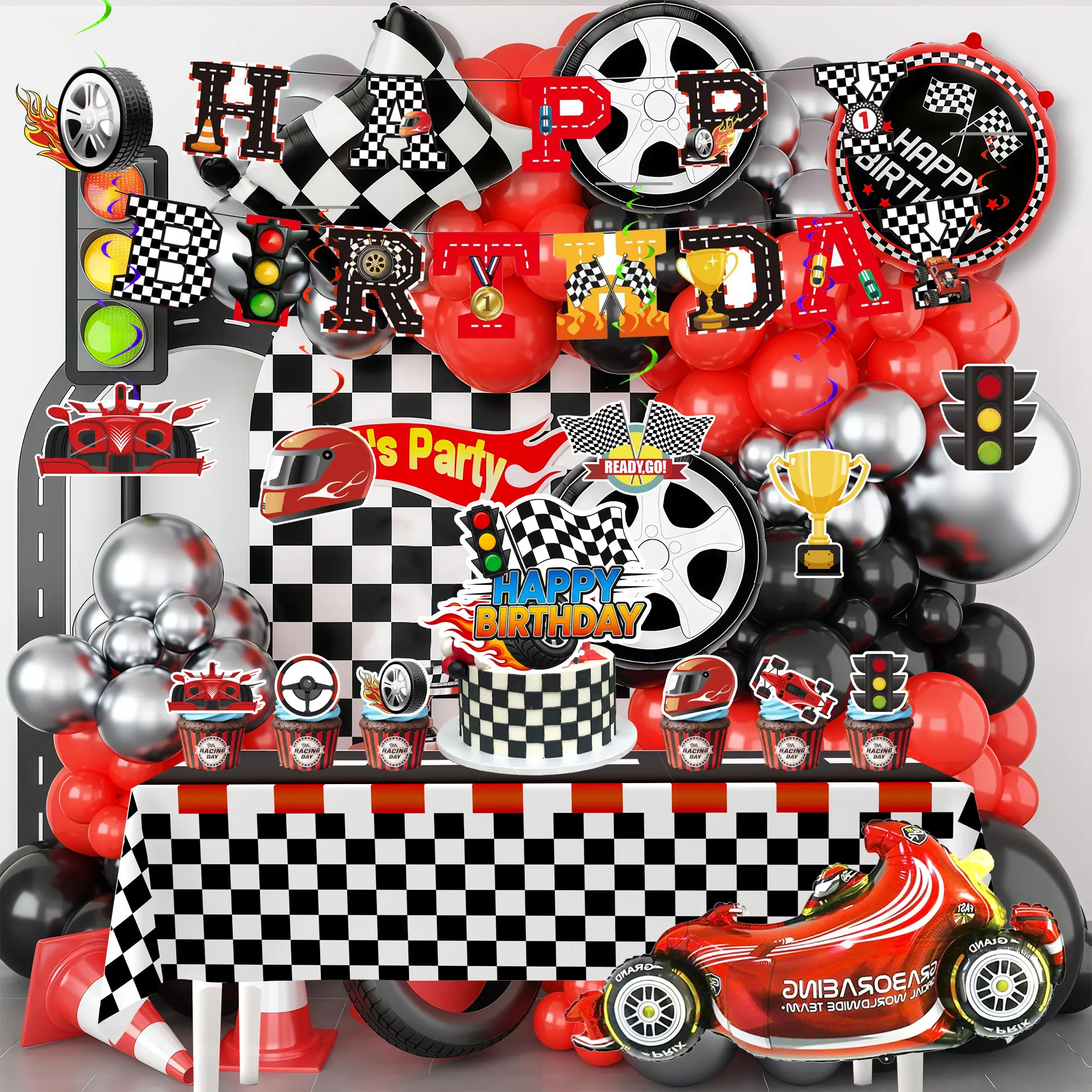 Race Car Birthday Decorations for kids, 112pcs Race Car Party Decorations Set Includes Race Car Happy Birthday Banner Balloons Cake Toppers Hanging Swirls etc Racing Car Birthday Party Decorations for kids