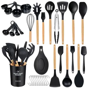 MGKKT 34 PCS Sturdy Kitchen Utensils Set, Silicone Cooking Utensils with Wooden Handles, 446°F Heat-Resistant Food-Grade Spatulas, BPA-Free Gadgets & Spoons for Nonstick Cookware