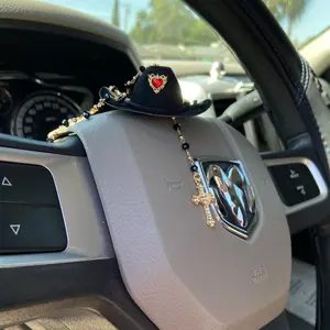 Car Blessing Charm Red Heart Handmade Protection Gift Decoration Black Sombrero Cross Pendant for Vehicle Interior decor