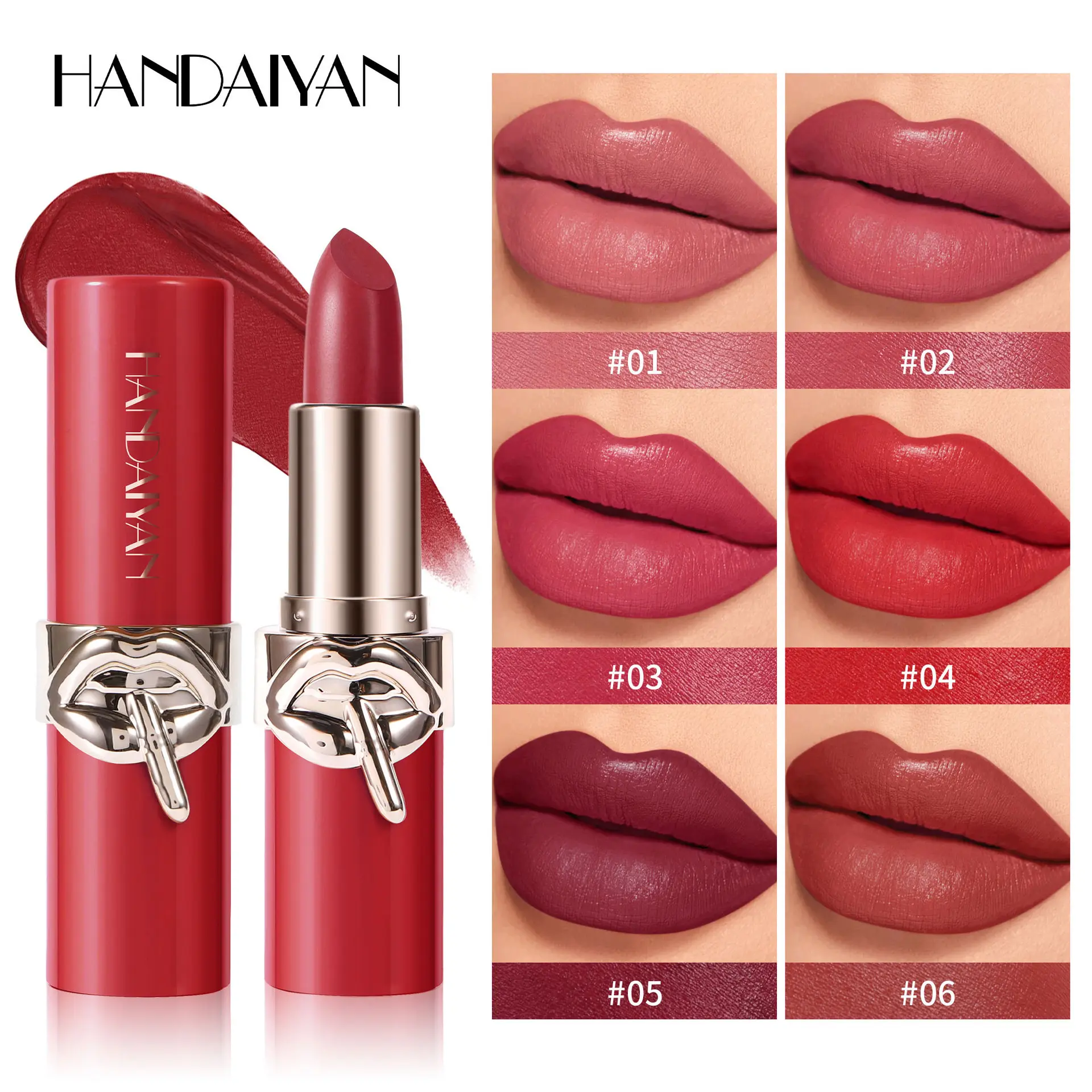 Handaiyan Matte Waterproof Cosmetic Lipstick, Makeup, Long-Lasting Flawless Radiant Finish, Easy to Apply, Suitable for All Skin Types, 6 Colors Available