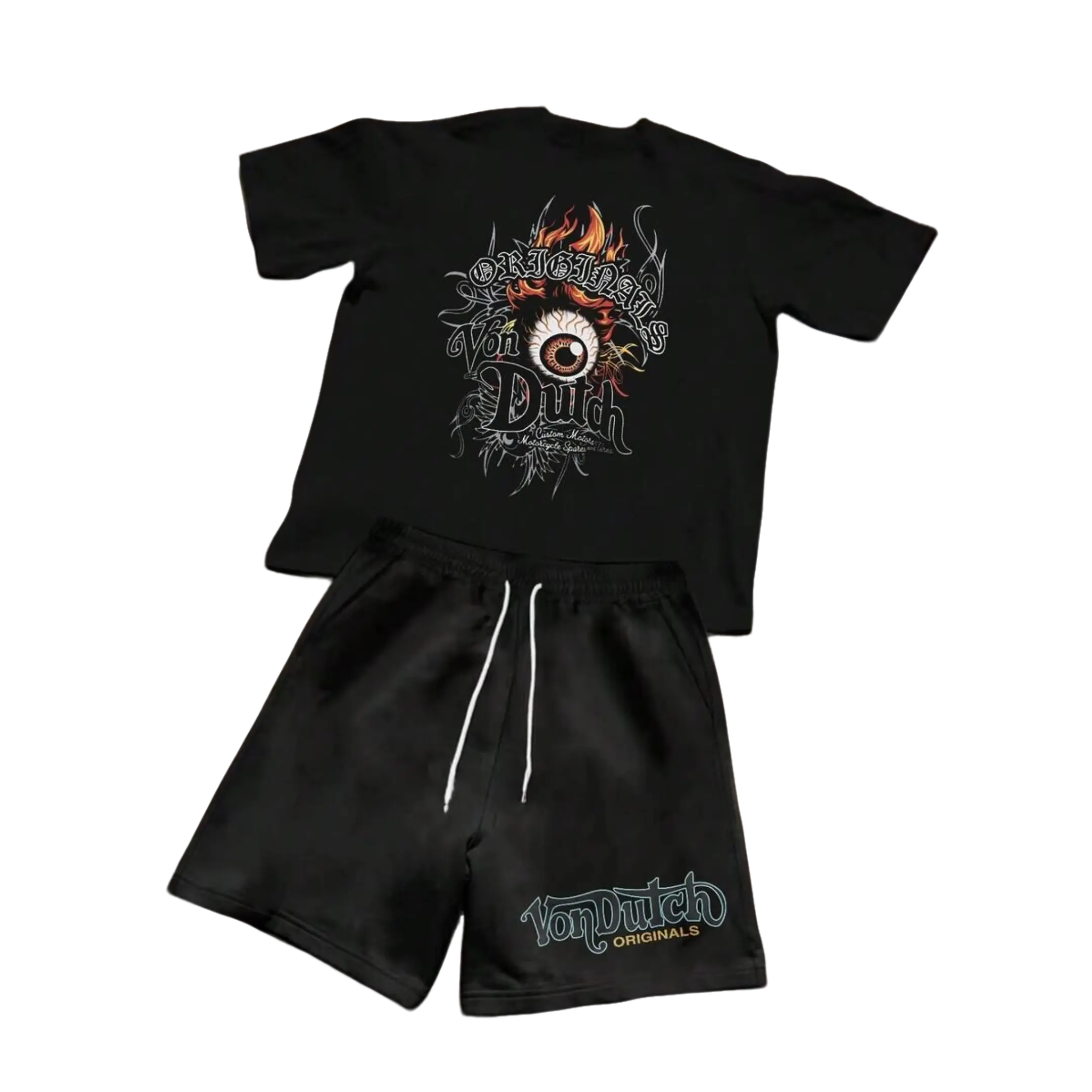 Men's 2-Piece Matching Gothic Streetwear Clothes Set - 100% Cotton Fabric Tee & Shorts, Casual Loose Fit with Flame Eye Graphic Print, Menswear Outfit