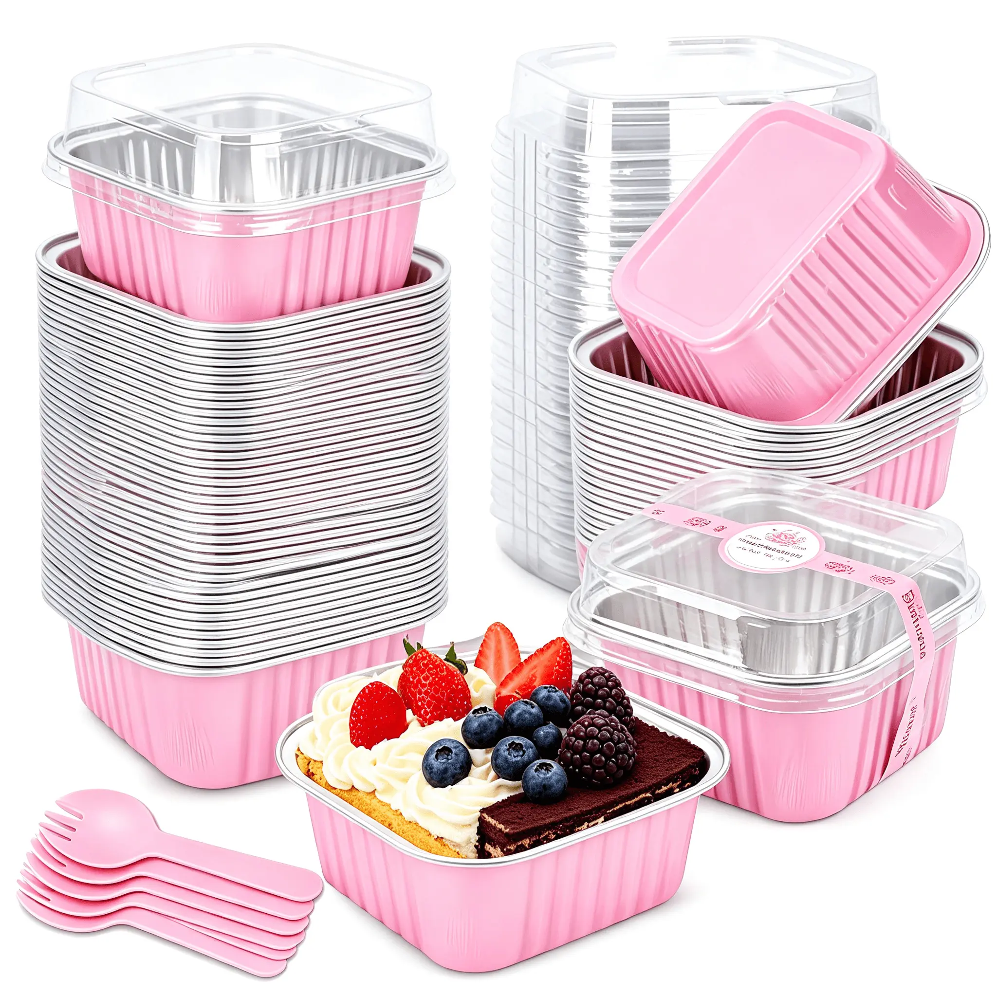 25 Pack Pink Square Disposable Aluminum Foil Mini Cake Pans With Clear Plastic Lids & Matching Pink Spoons, Oven Air Fryer Safe Single Use Baking Cups For Mini Cheesecakes, Flan, Pudding, Custard, Crème Brûlée, Individual Dessert Containers