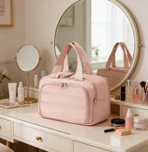 Dual-Layer Waterproof Makeup Bag for Women, Large Capacity Travel Toiletry Bag with Compartments, Foldable Portable Cosmetic Organizer for Travel Carry On Daily Use,Mother's Day and Easter Gifts