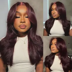 Sunber Black Cherry 7x5 Bye Bye Knots Layer Cut Straight Human Hair With Elastic Drawstring Glueless Wigs Human Hair Pre Plucked Pre Cut Lace Bleached Knots Ready to Wear