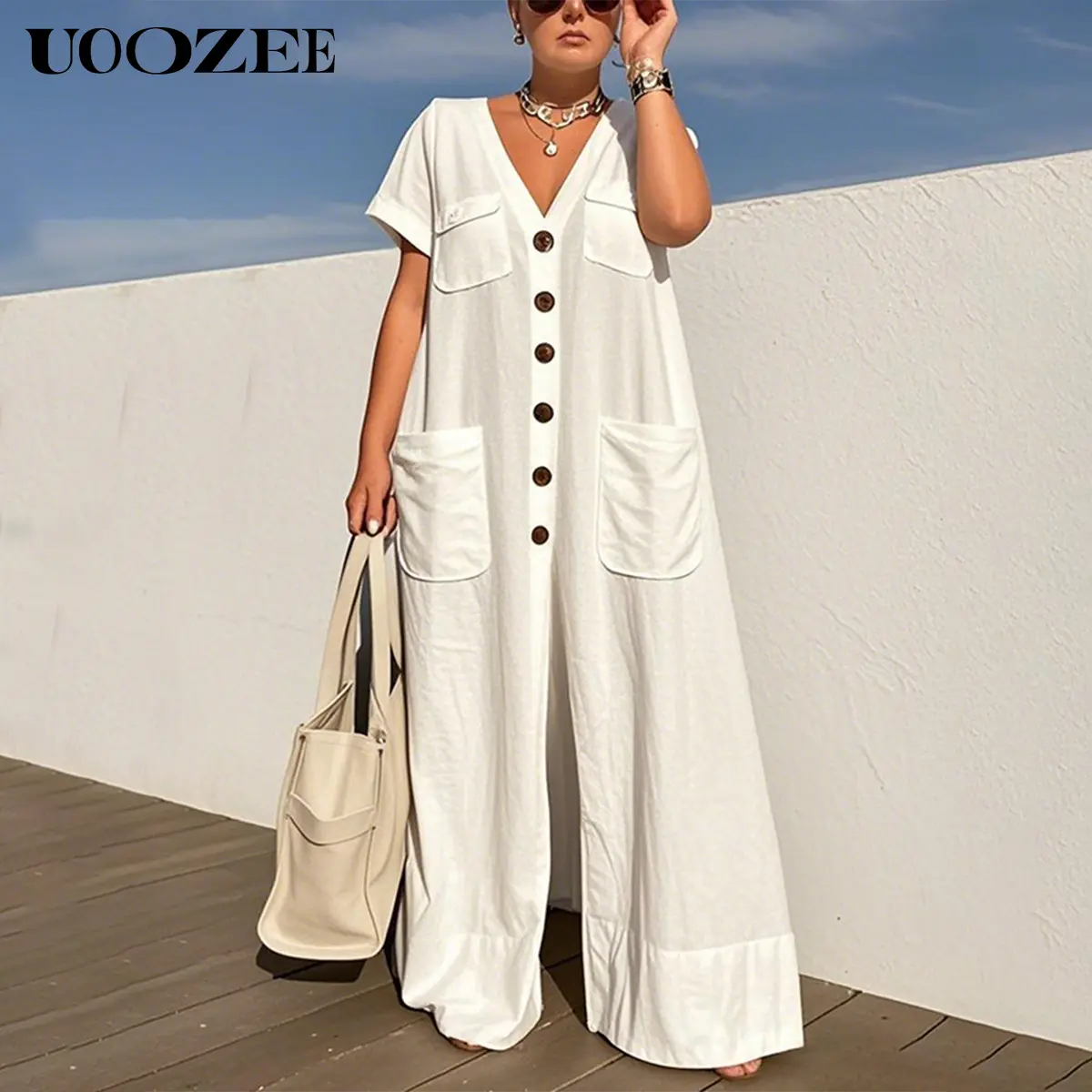 UOOZEE Women's Casual Overalls - Lightweight Basic Simple Solid Cotton Shortsleeve V-Neck Button-Up Romper with Pockets, Soft Fabric Dress, Jumpsuits For Women, Fashion Apparel, Breathable, Minimalist, Button Front, Camisole Layering, Pocket Convenience