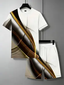 Men's Geometric Stripe Blazer 2 Piece Set, Fashion Casual Sporty Suit