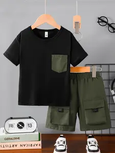 Boys' Summer Fashion Set, Casual Round Neck Short Sleeve T-Shirt with Pocket Design, Cool Breathable Outdoor Wear, 2-Piece Set