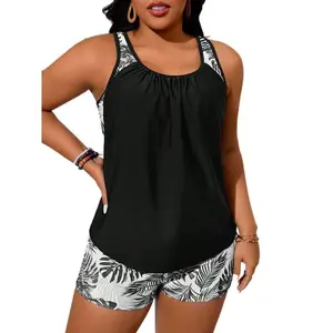 Women's Plus Size Tankini Swimsuits Set - 2-Piece Tummy Control Push Up Tankini Top with Boy Shorts, Comfortable for Vacation & Outdoor Sports