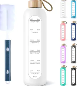 32 Oz Borosilicate Glass Water Bottle with Time Marker Reminder Quotes, 1 Liter Leak Proof Reusable BPA Free Motivational Water Bottles with Silicone Sleeve and Bamboo Lid (White)