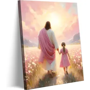 Jesus Walking with Girl Canvas Wall Art Christian The Way He Leads Wall Decor Picture I will walk with Christ Poster Print Religious God Artwork for Baby Girl Room Decoration 12x16inches framed