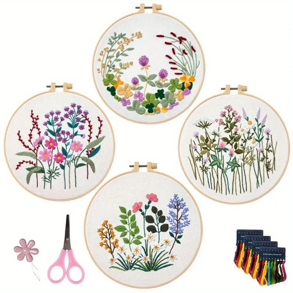 4-Pack Beginner Embroidery Craft Kits, Needlepoint Cross Stitch Sets with Bee Flower Pattern for Adults Women, Hand Craft Tools Kit