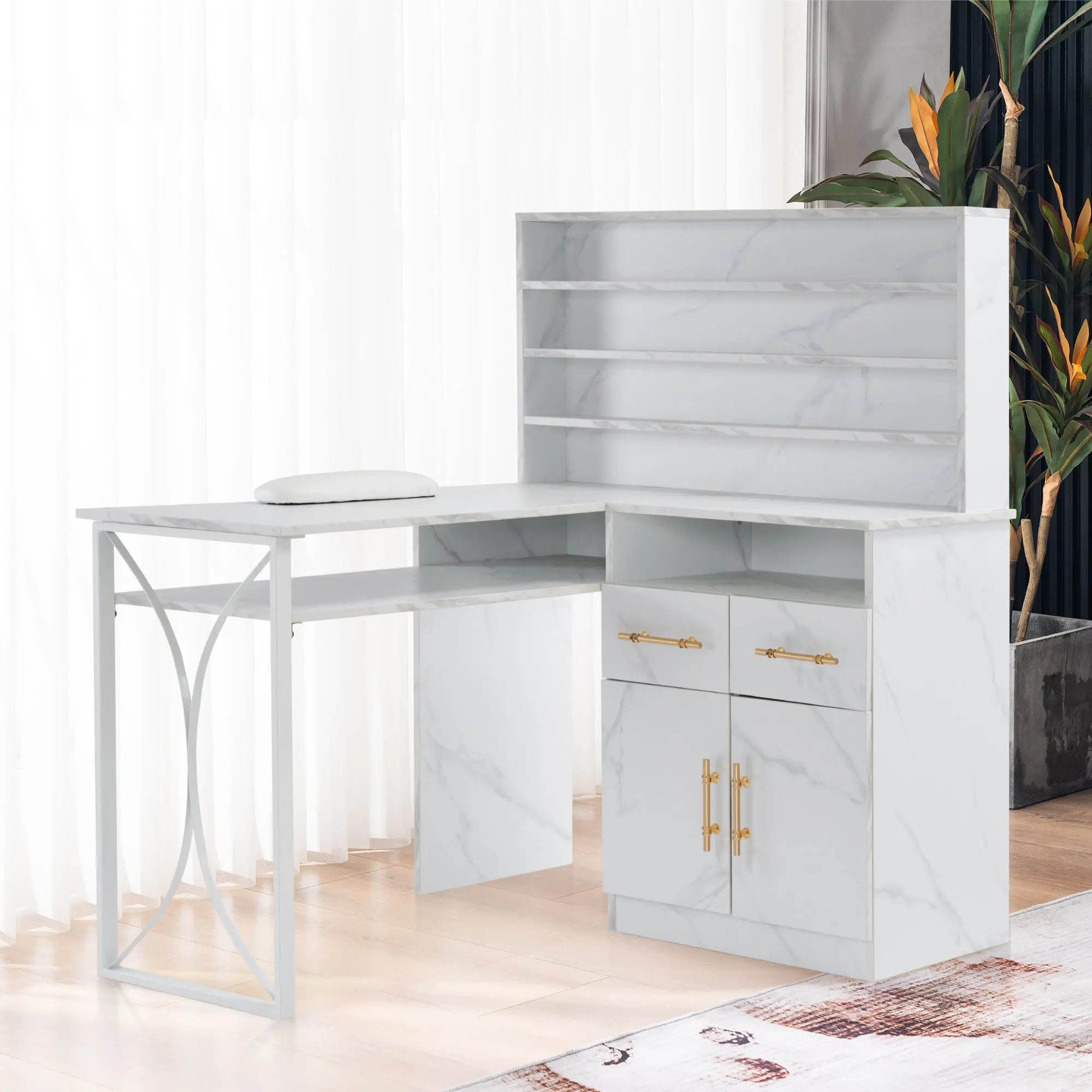 BarberPub L-shaped Nail Desk - Commercial Salon Furniture with Metal Support, Open Shelves, Storage 2833
