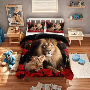 Three piece set, lion pattern printed fashionable bedding set, 1 duvet cover+2 pillowcases coreless, polyester fiber bedding set, king size bed, couple bed or single bed, suitable for boys and adults' bedrooms