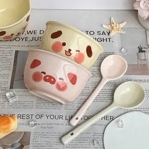 A Set of 2 Cartoon Pig Puppy Ceramic Tableware Cute Household Rice Bowl Eating Dishes Soup Yogurt Dessert Bowls