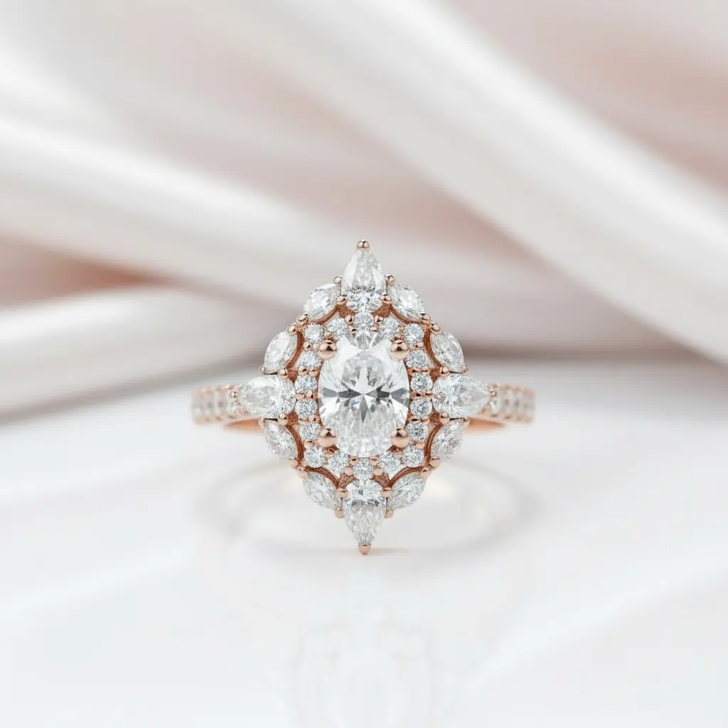 14k Rose Gold Double Halo Oval Cut Diamond Option Engagement Ring