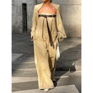 Women’s solid-color jacket and jumpsuit with belt, casual long-sleeve jacket and jumpsuit, all-season women’s clothing GARMENTARY
