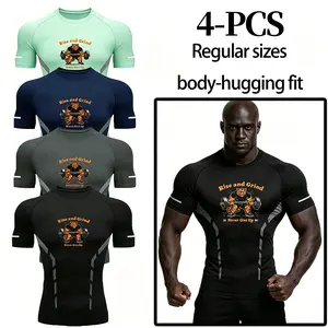 4 Pcs Men's Elastic Slight Stretch Compression Fitness T Shirts Tiger Graphic Quick Dry Athletic Running Gym Tops