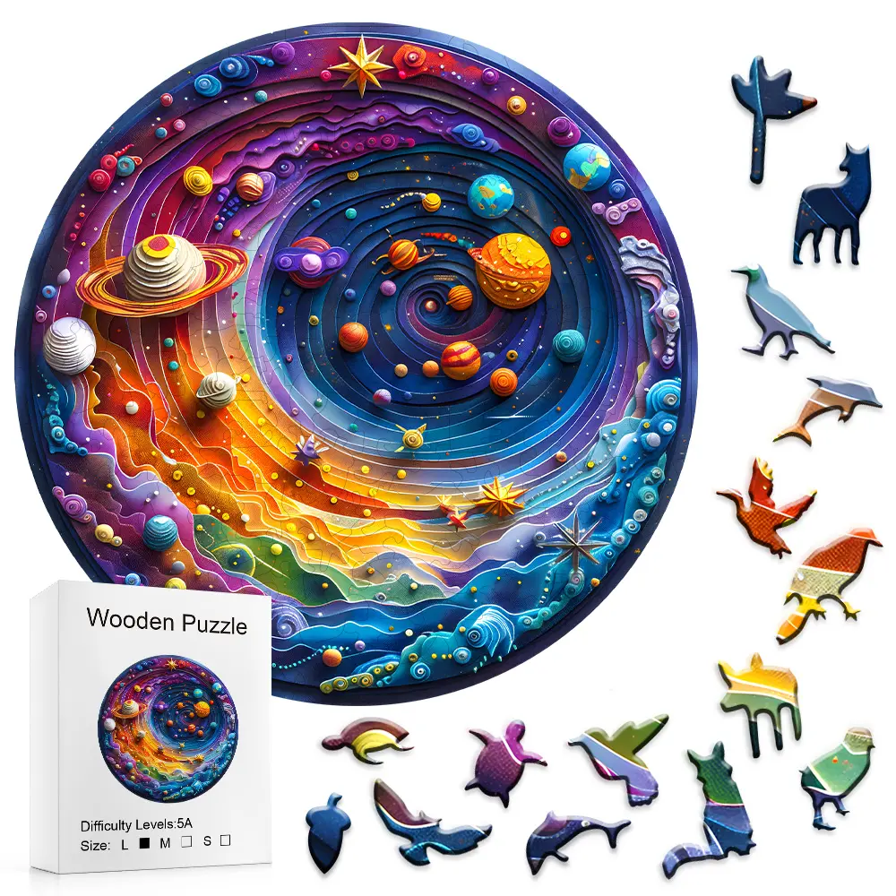 3D Circular Design DIY Wooden Puzzle Game - Vibrant Planets, Swirling Nebulae - Ideal for Space Lovers, Art Enthusiasts, Toddler Alphabet Learning, Immersive Puzzle Vibes