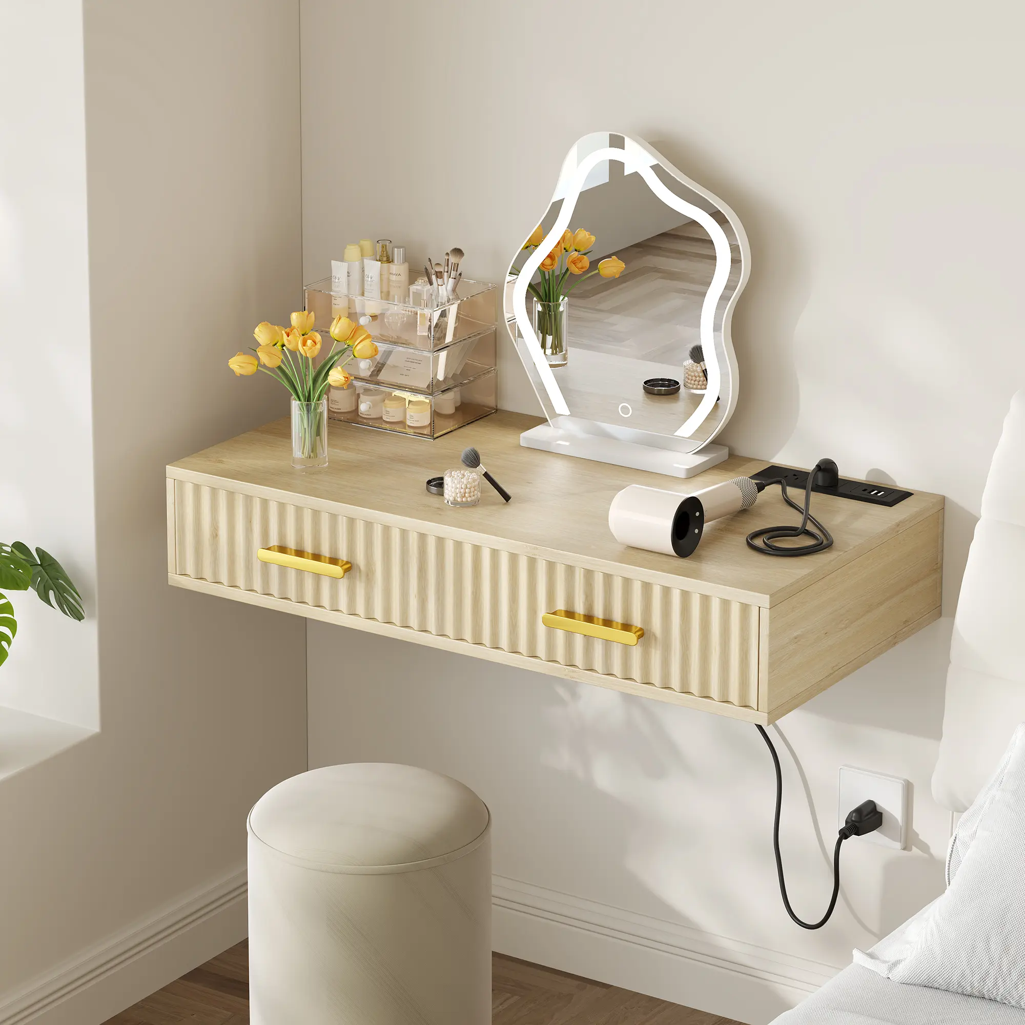Casvik 31.5" Floating Vanity Desk with No Mirror, Wall Mounted Makeup Desk with Fluted Storage Drawer & Power Outlet,  Space Saving Writing Desk for Bedroom, Apartment & Home Office (Oak and Gold)