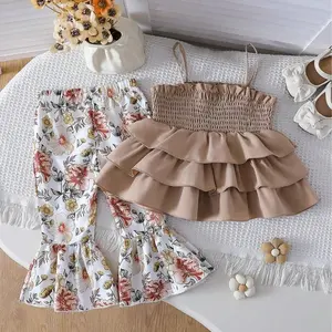 Toddler Baby Girls Summer 2Pcs Outfit, Smocked Ruffle Cami Top + Floral Flare Pants Set, Cute Cake Style Kids Clothes Casual Original Set