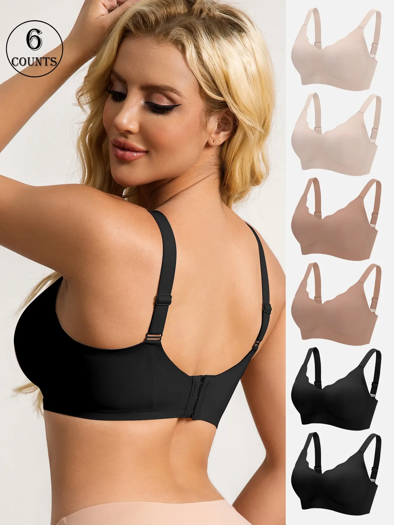 6 piece set of solid color seamless women's bras, Wireless Padded Bra, Seamless, Breathable push up, uplift and gather type, adjustable straps, wireless, with padding and back clasp, suitable for yoga and sports