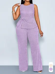 Plus Size wo-Piece Summer Plus Size Elegant Casual Lady Women's Striped Pants Set, Round Neck Sleeveless Top and Wide Leg Long Pants, Fashionable Summer Womenswear, Striped Lounge Set, Striped Sets