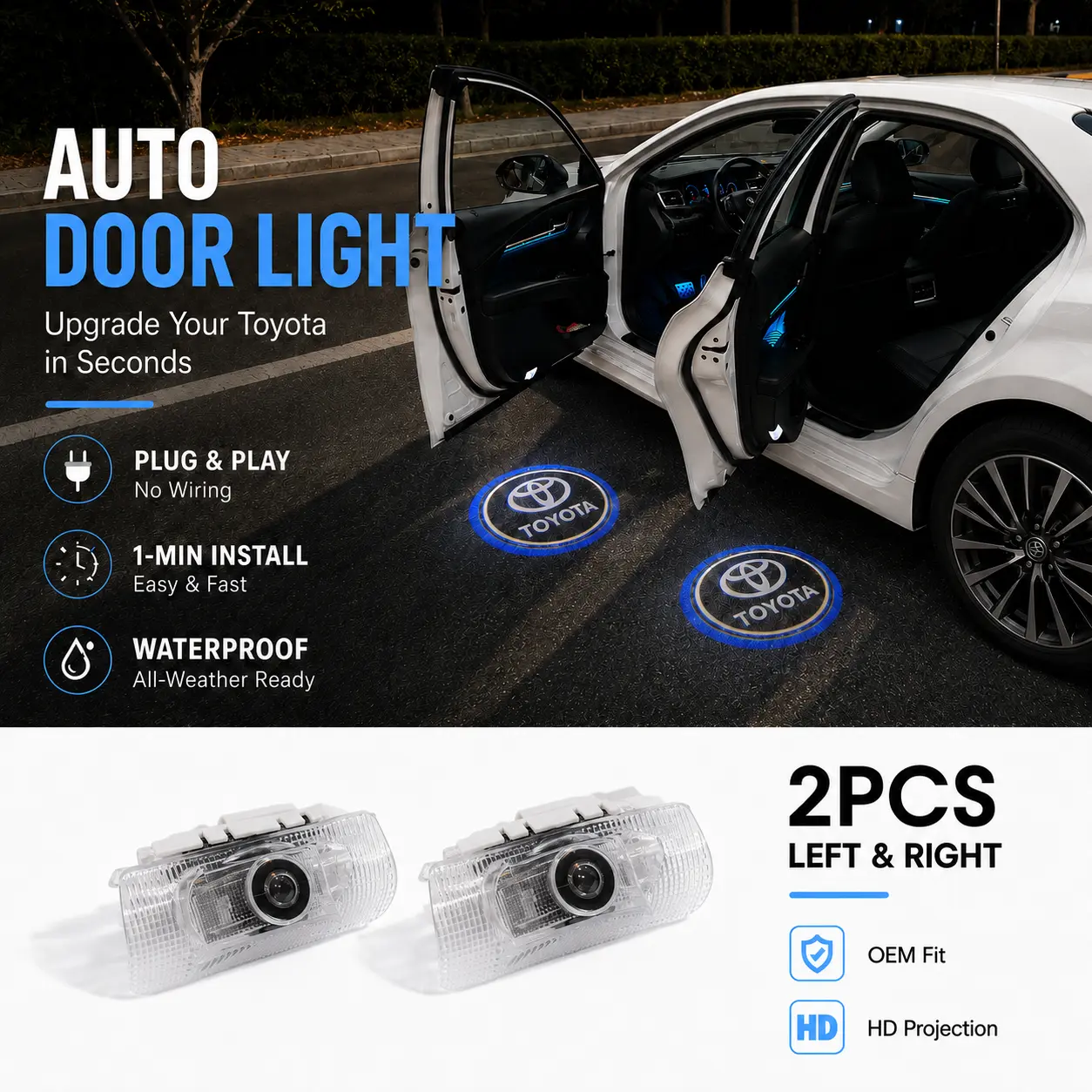 2PCS Toyota LED Door Logo Projector Lights, Plug & Play Welcome Lights, No Wiring