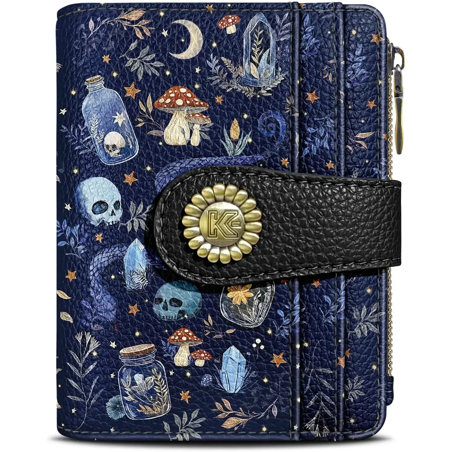 Skull Mushroom Snake Night Small Women Wallet Bifold Zipper Coin PU Leather Compact Cash Credit Card Holder Travel Wallet for Female Ladies Teen Girls 1 ID Window 10 Card Slots