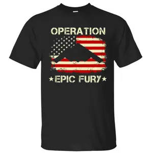 [Sale Up To 50%] Operation Epic Fury US Air Force B-2 Spirit Stealth Jet with American Flag T-Shirt, 4th Of July Patriotic Pride Front Sided Design Unisex Cotton T-shirt for Men for Women Menswear Womenswear Top