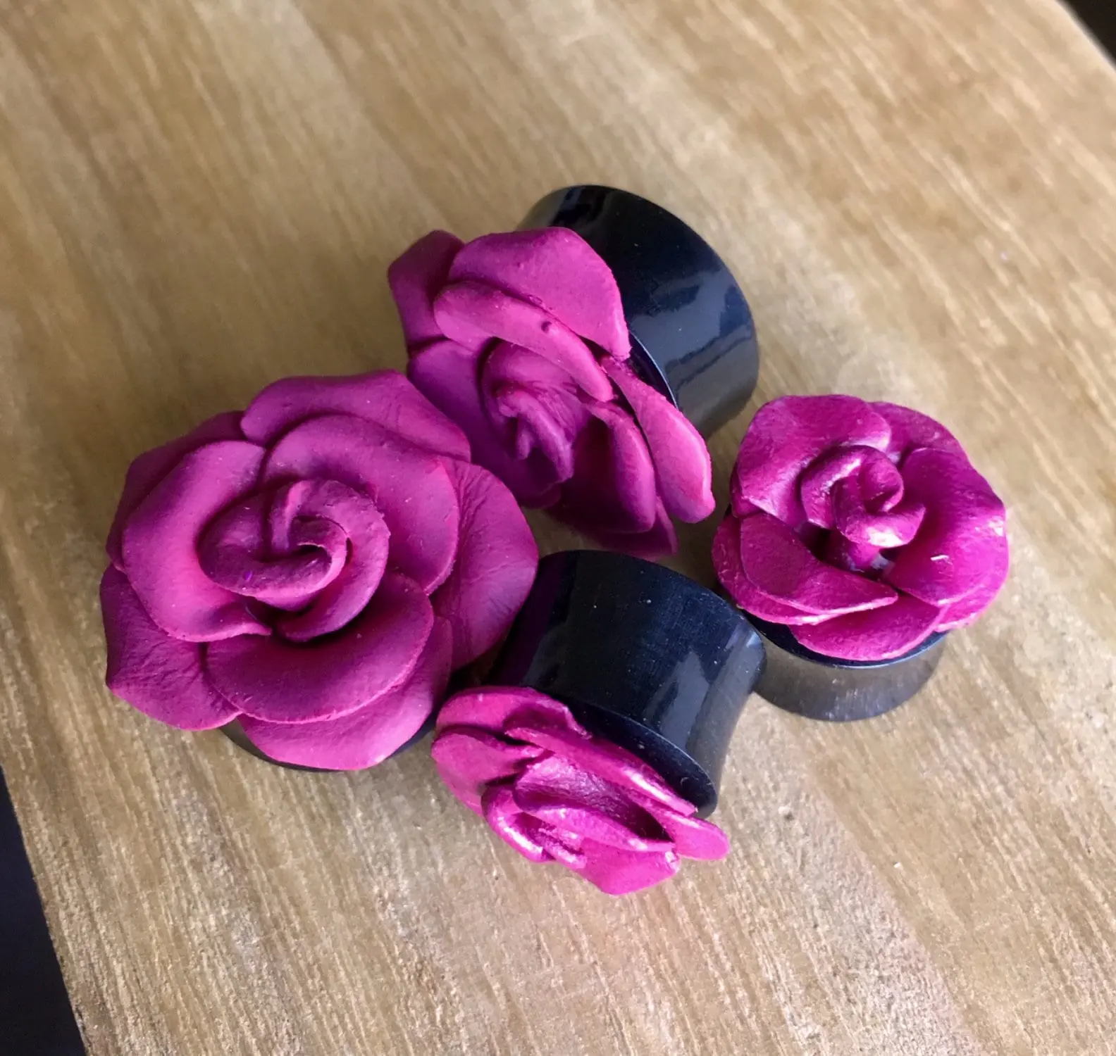 PAIR of Purple Leather Flower and Organic Horn Plugs - Gauges 0g (8mm) up to 1&1/8" (28mm)