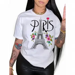 TeeBox Store Paris Eiffel Tower Printed T-shirt for Women Summer Spring Cotton Fabric Short Sleeved Crew Neck Casual Top
