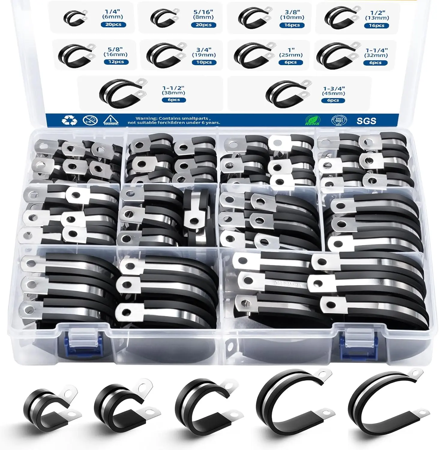 118 count  Clamps Assortment Kit,10 Sizes1/4" 5/16" 3/8" 1/2" 5/8" 3/4" 1" 1-1/4" 1-1/2" /4" Stainless Steel Rubber Cushion Insulated Wire Clamps for Hose,Tube,Automotive, Line