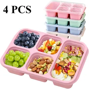 4 Pack Reusable 5 - Compartment Bento Lunch Boxes, Meal Prep Containers. Comes with sauce containers, utensils & lids. Stackable. Great for school, work, travel & picnics. Eco - friendly & food - grade.