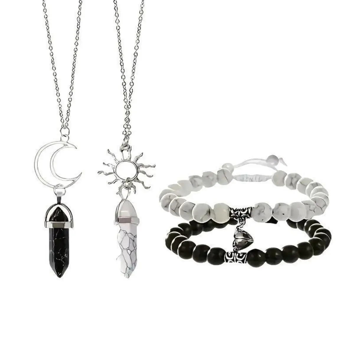Couples Jewelry Set with Magnetic Sun and Moon Symbol Crystal Necklaces & Beaded Bracelets, Adjustable 4-Piece Gift for Anniversary, Valentine's Day, Thanksgiving, Crystals, Protection