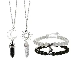 4-Pcs Jade Sun Moon Synthetic Stone Magnetic Couple Bracelets Friendship Long Distance Matching Turquoise Beaded Bracelets Women Men Gifts