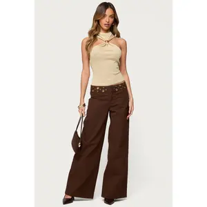 Mixed Grommet Low Rise Wide Leg Jeans