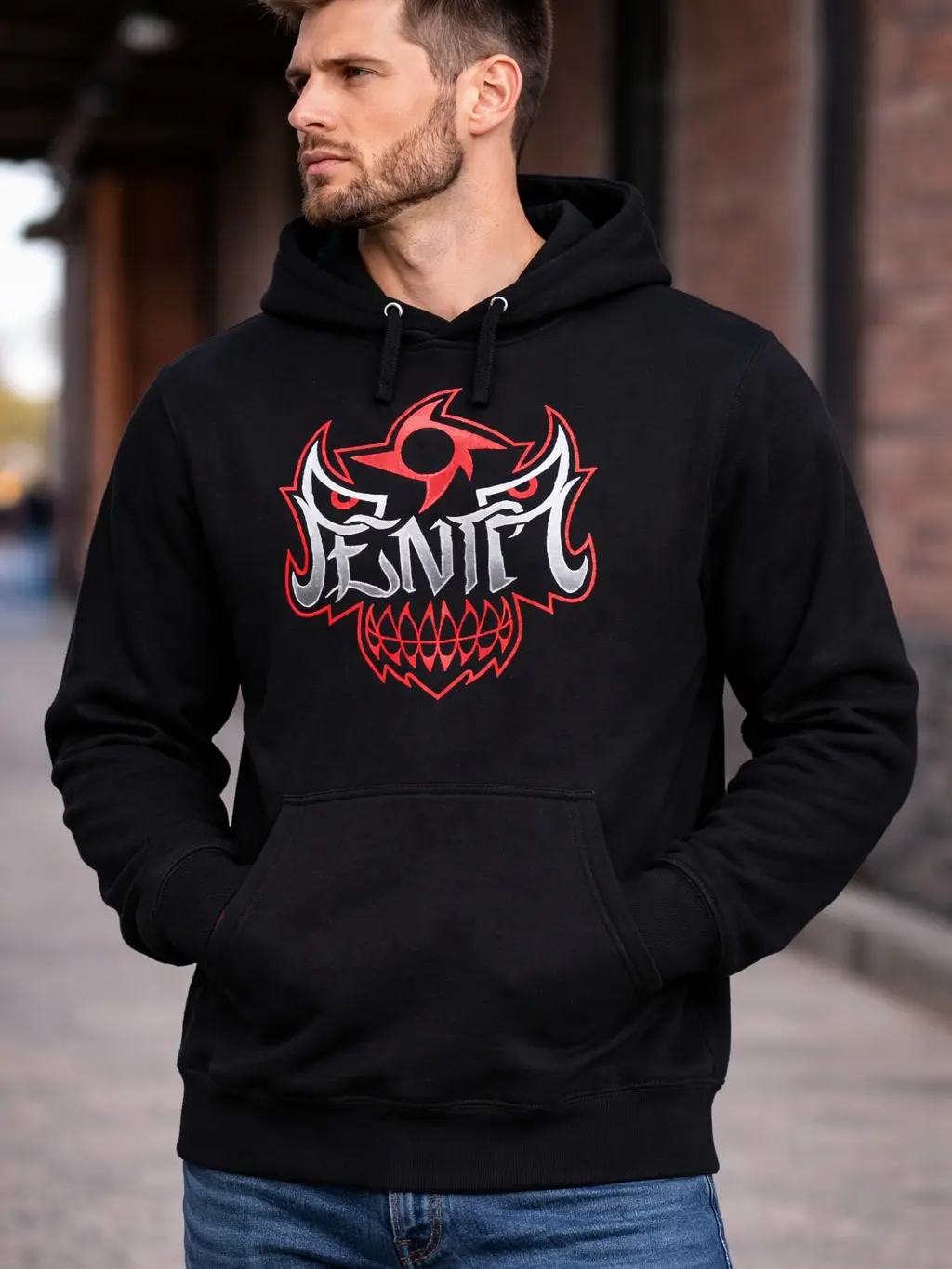 Men’s Penta Black Logo Minimalist Lucha Libre Wrestling Pullover Hoodie - Menswear Tops, Dark Casual Streetwear Graphic Sweatshirt, Vintage Fan Apparel, Gift for Wrestling Lovers