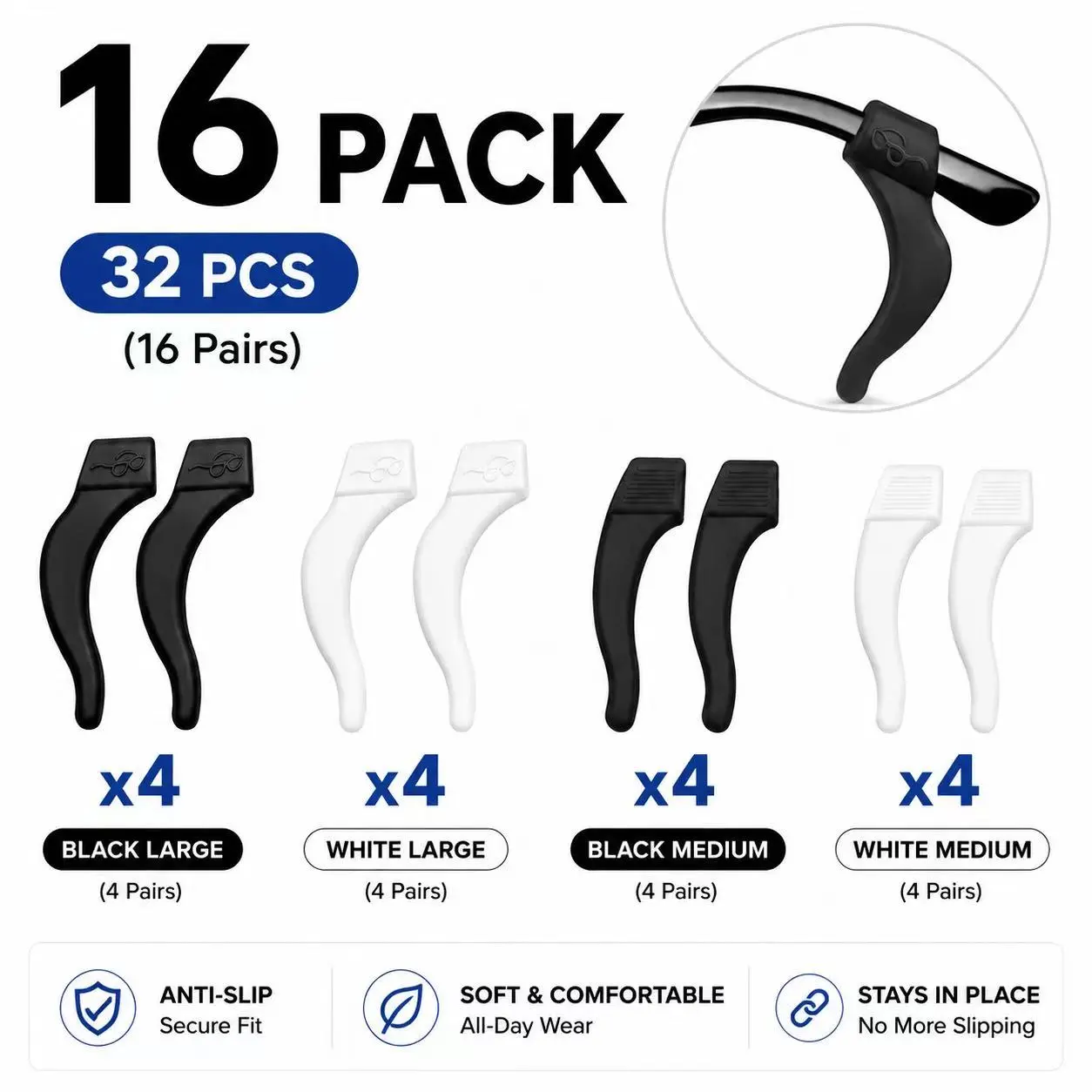 16 Pack Silicone Anti-Slip Eyeglass Ear Grip - Non-Slip Temple Tip Retainer for Sunglasses, Reading Glasses - Festive & Home Party Gift (Home, Festive & Party Supplies Category)