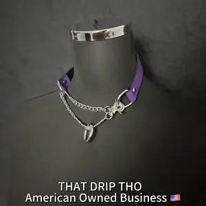 ThatDripTho Purple Leather Choker Necklace with Rings for Men & Women, Gothic Punk Fashion Jewelry for Bf, Gf, Couple, Durable Design